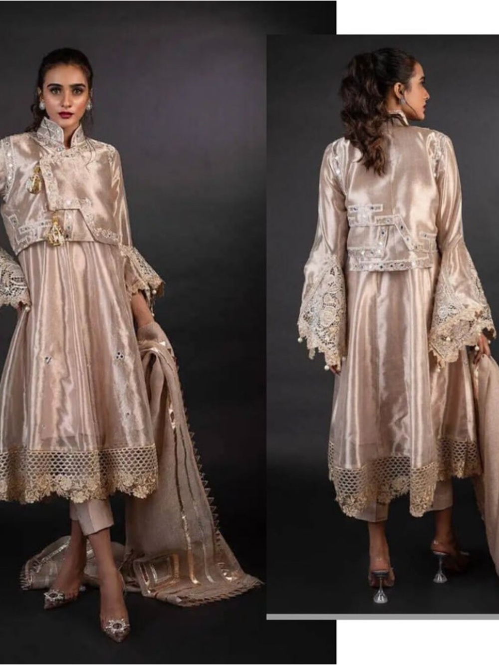 Embroidered Shimmery Champagne Silk Anarkali 2 piece Set